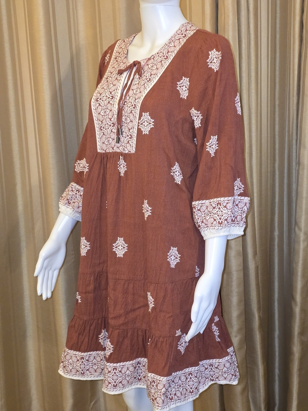 Lucky Brand Rust Brown Embroidered Mini Dress with White Accents Size Medium